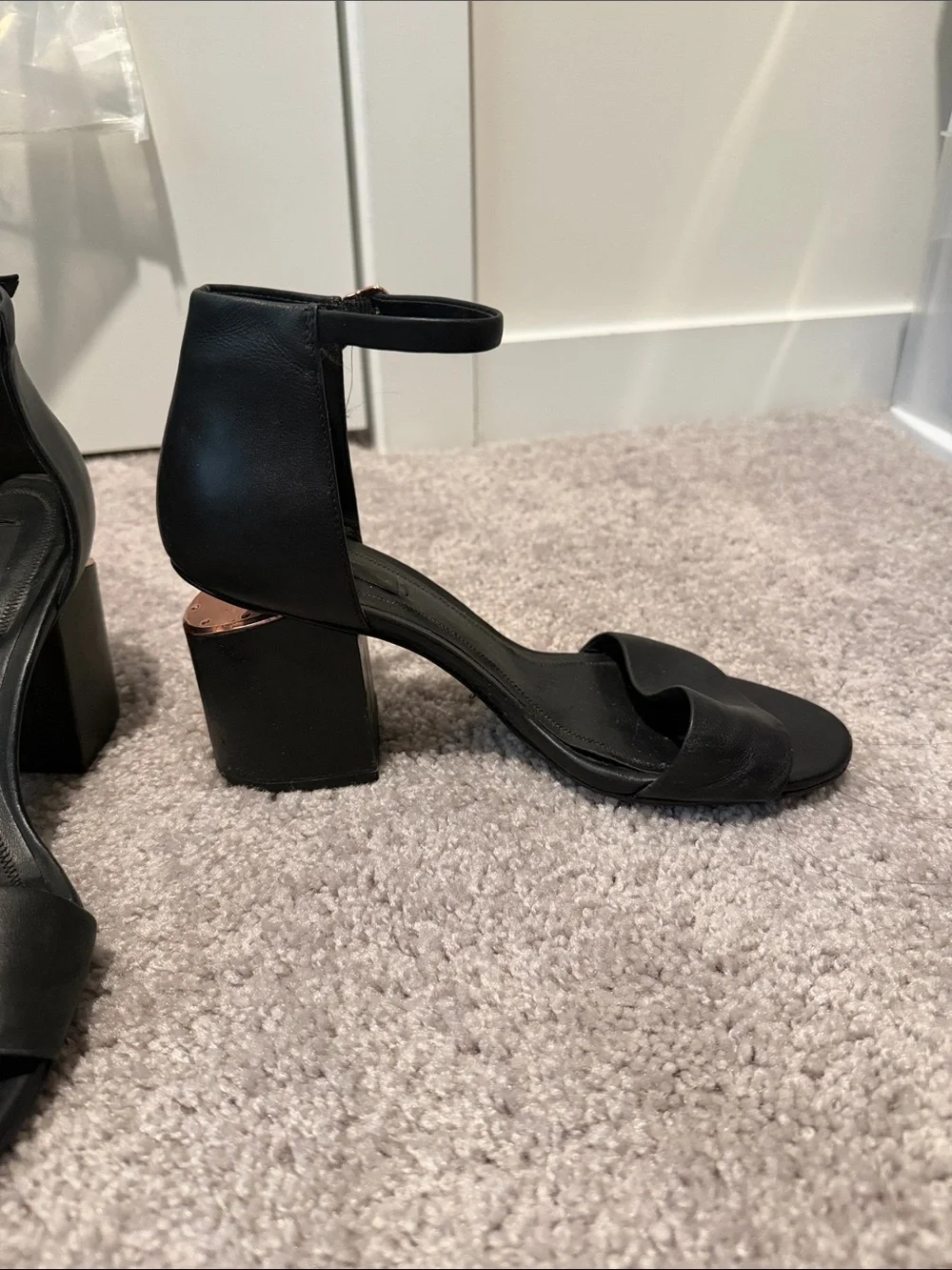 Alexander Wang Black Ankle-Strap Block Heel Sandals with Rose Gold